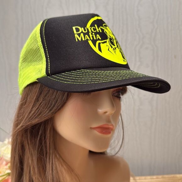 Dutch Bros Dutch Mafia Snap Back Mesh Cap Hat Unisex Neon Green Black OSFM - Picture 4 of 15